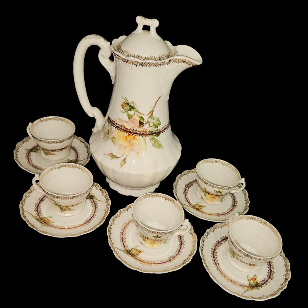 Imperial Austria Porcelain Tea Set Teapot 5 Cups & Saucers Rose Gold Gilt